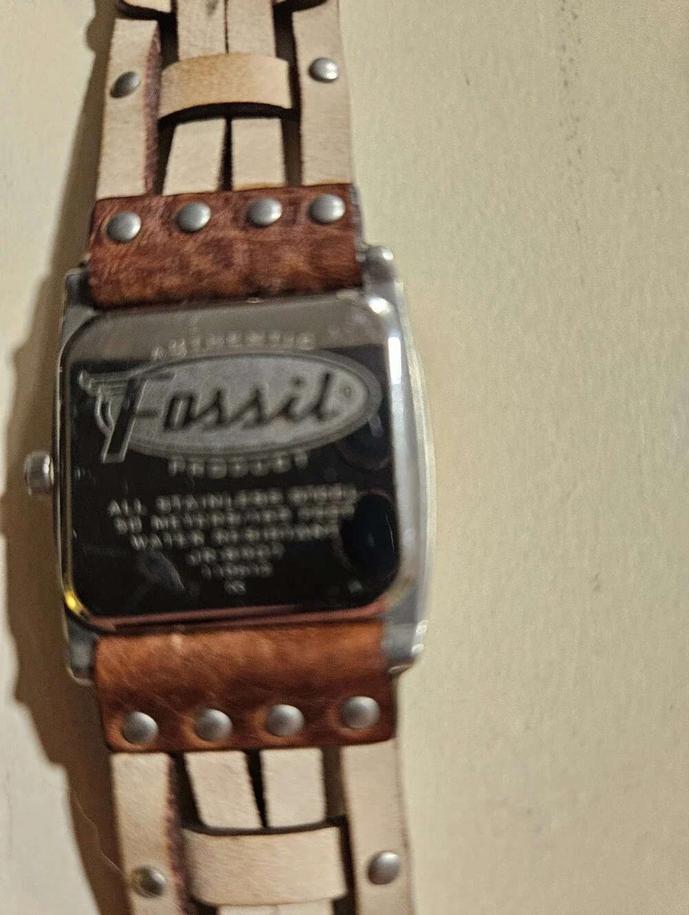 Fossil JR-8552 Vintage Square Dial Watch - Studded Brown Leather Band - WORKING